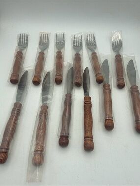 VTG MCM 12 Pc Wood Handled Stainless Steel 6 Forks / 6 Knives flatware